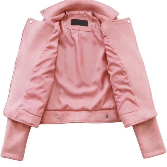 women blush pink moto zip blazer jacket long sleeve motorcycle - Picture 8 of 10